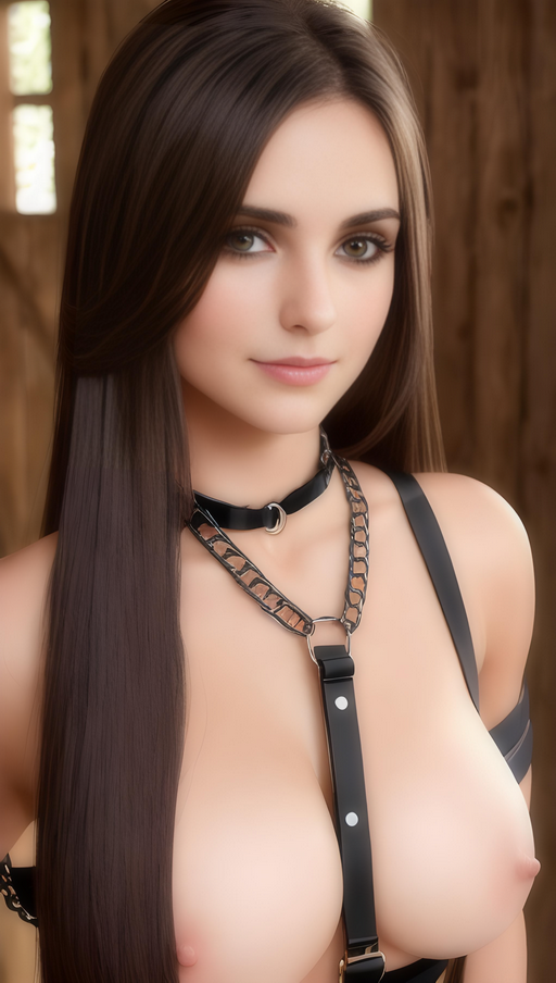 Faint Smile: Stable, Barn, Harness, BDSM, Leather, Topless, Breasts, Brunette