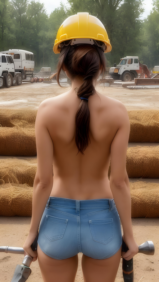 Ready To Do Some Pounding: Work, Construction, Hardhat, Tool, Shorts, Brunette, Topless, Rear, Butt, Behind